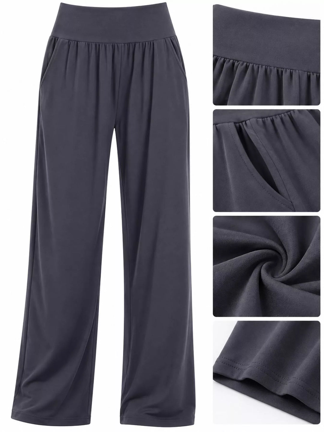 Charcoal high waisted wide leg pants, full view beside small details of waistband, pocket and fabric