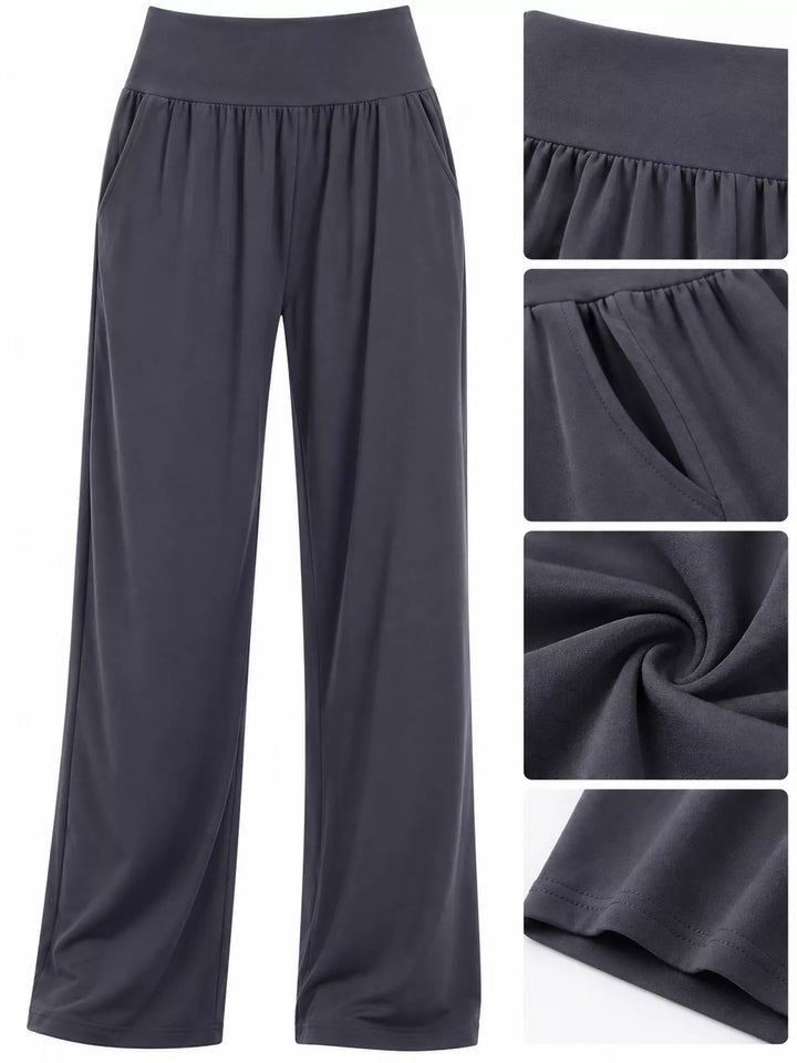 Charcoal high waisted wide leg pants, full view beside small details of waistband, pocket and fabric