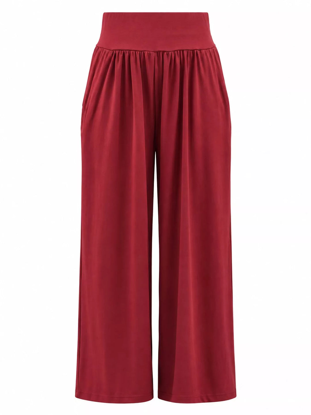 Crimson high waisted wide leg pants, laid flat with the smocked waistband