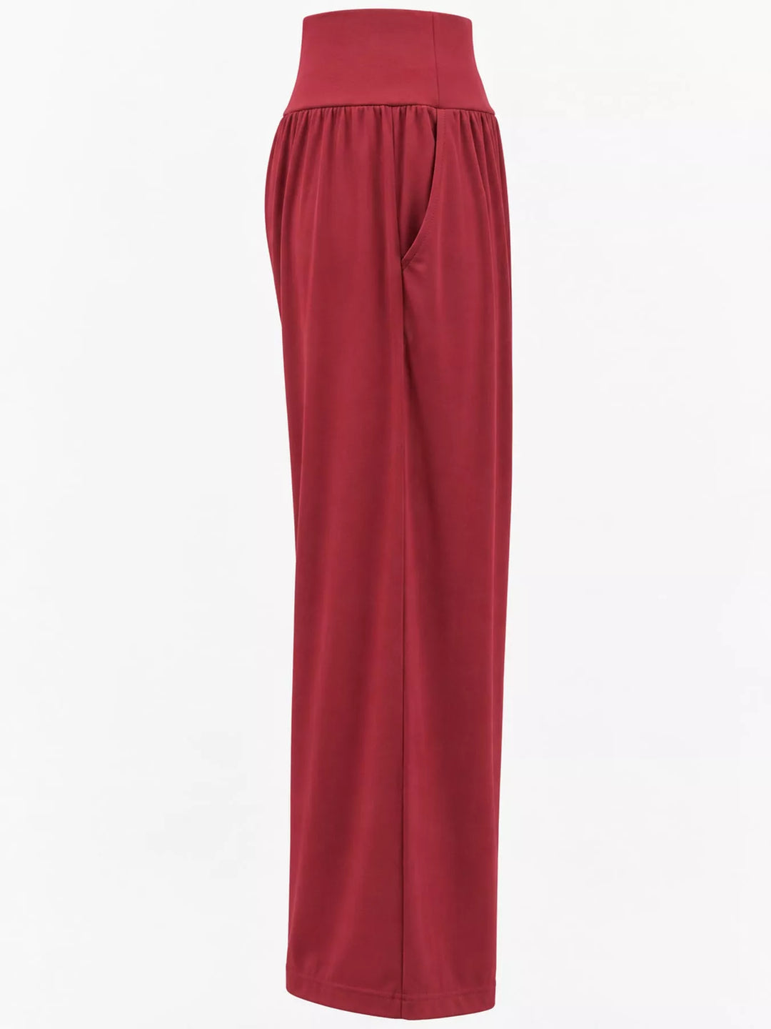 Crimson high waisted wide leg pants, flat side view of the wide leg