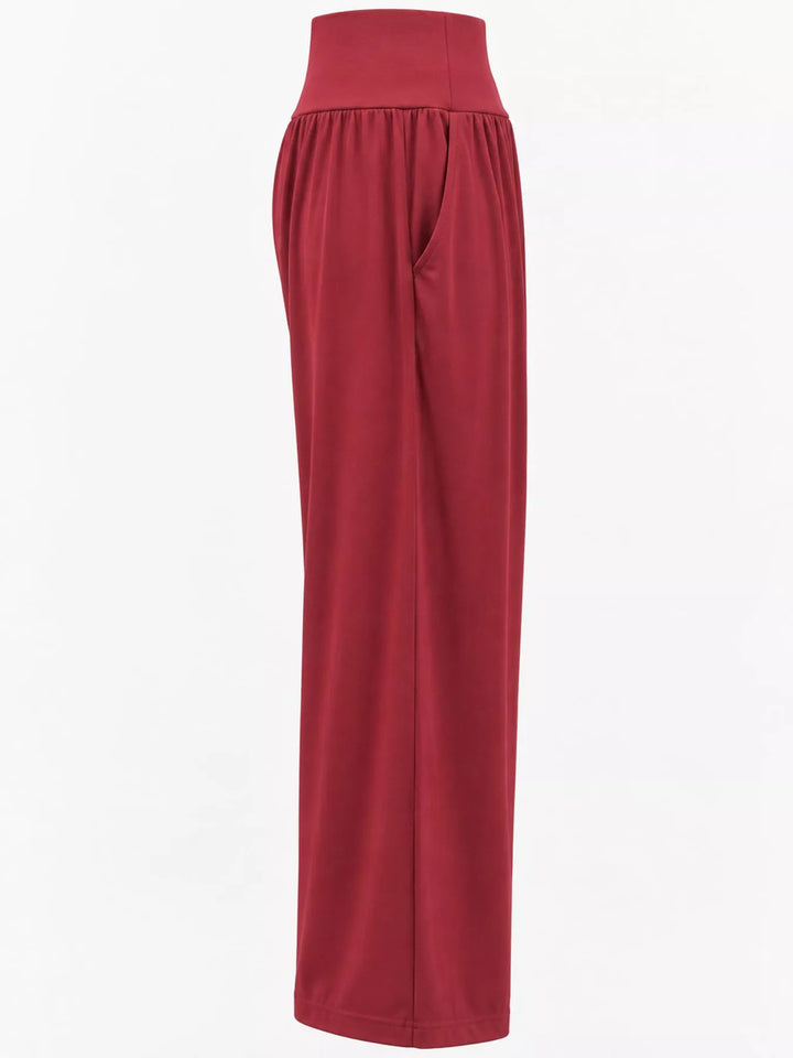 Crimson high waisted wide leg pants, flat side view of the wide leg
