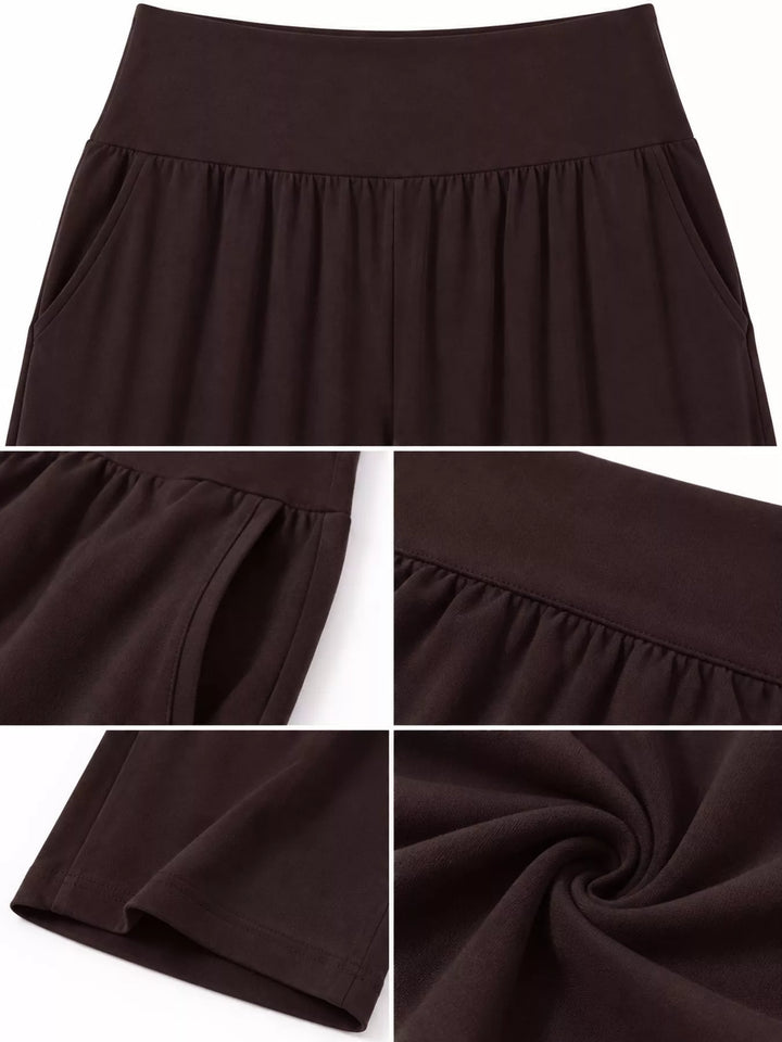 Dark brown high waisted wide leg pants, waistband, pocket and fabric detail collage