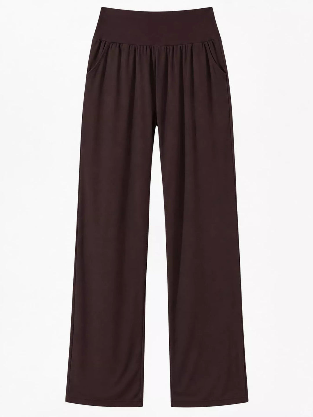 Dark brown high waisted wide leg pants, laid flat showing the straight wide legs