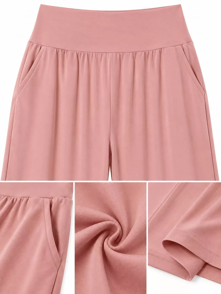 Dusty rose high waisted wide leg pants, waistband, pocket and fabric detail collage