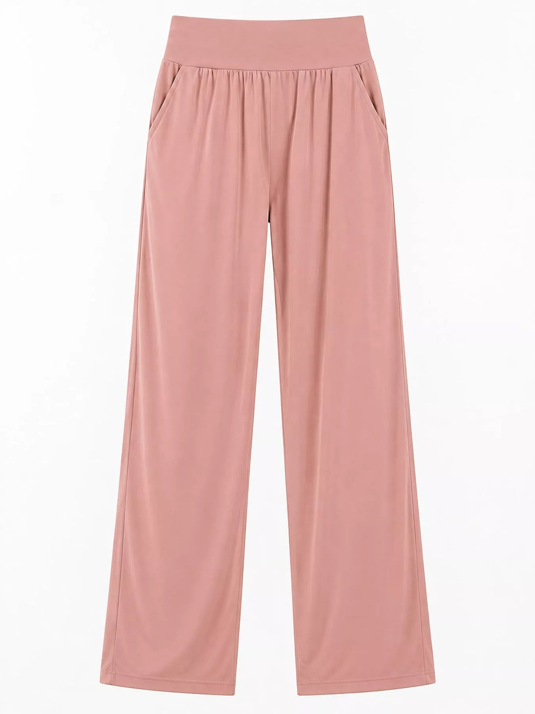 Dusty rose high waisted wide leg pants, laid flat showing the straight wide legs