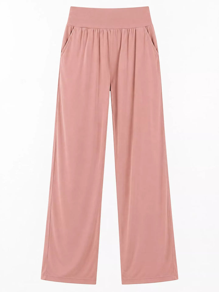Dusty rose high waisted wide leg pants, laid flat showing the straight wide legs