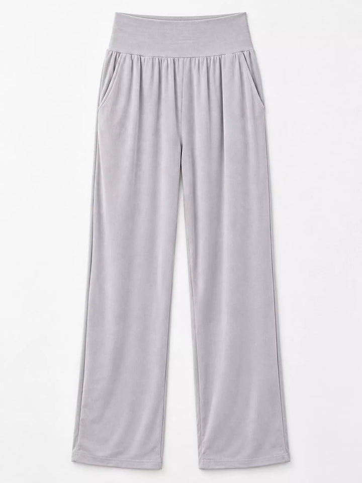 Light gray high waisted wide leg pants, laid flat showing the wide leg shape
