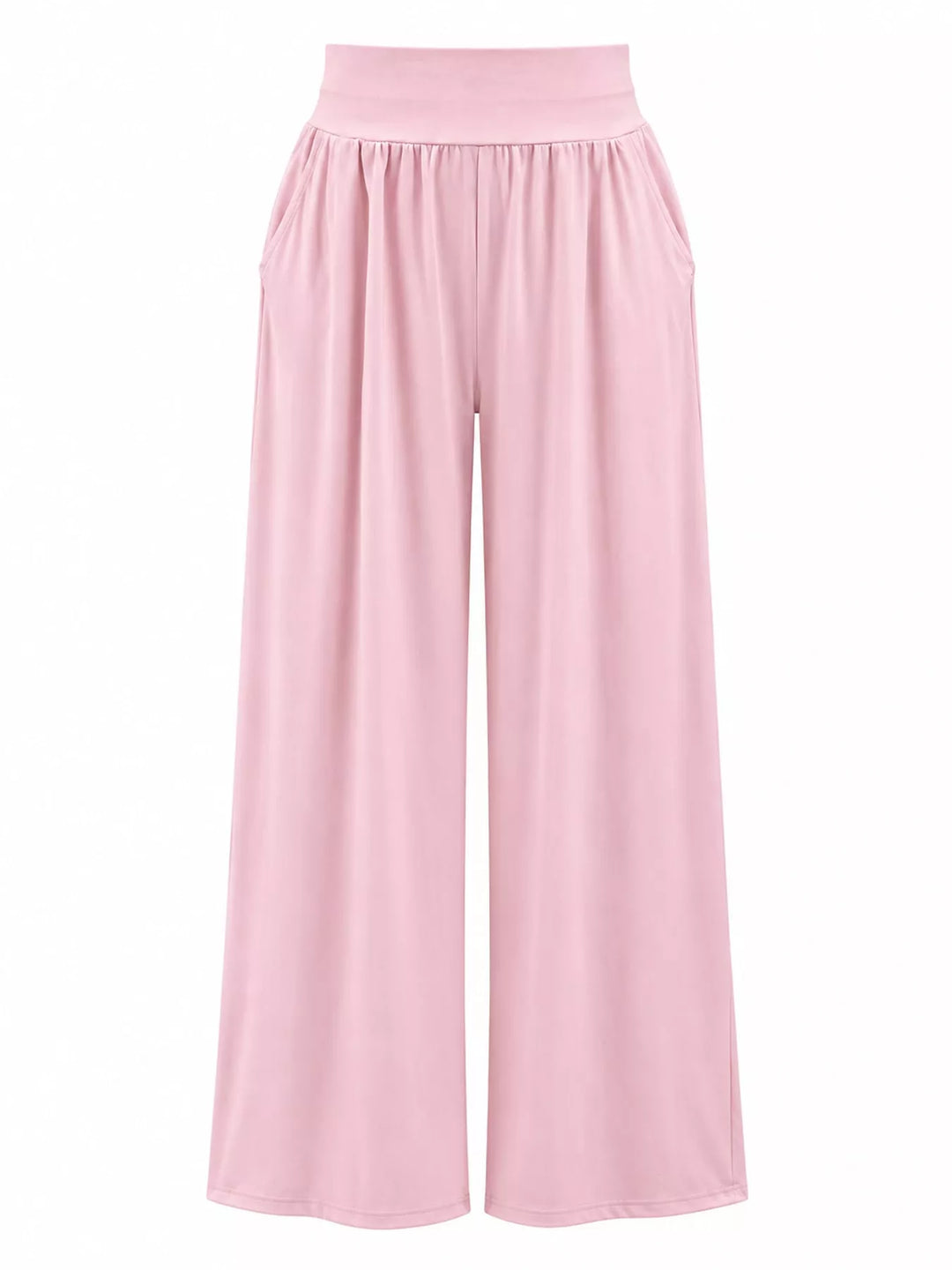 Light pink high waisted wide leg pants, laid flat showing the full length