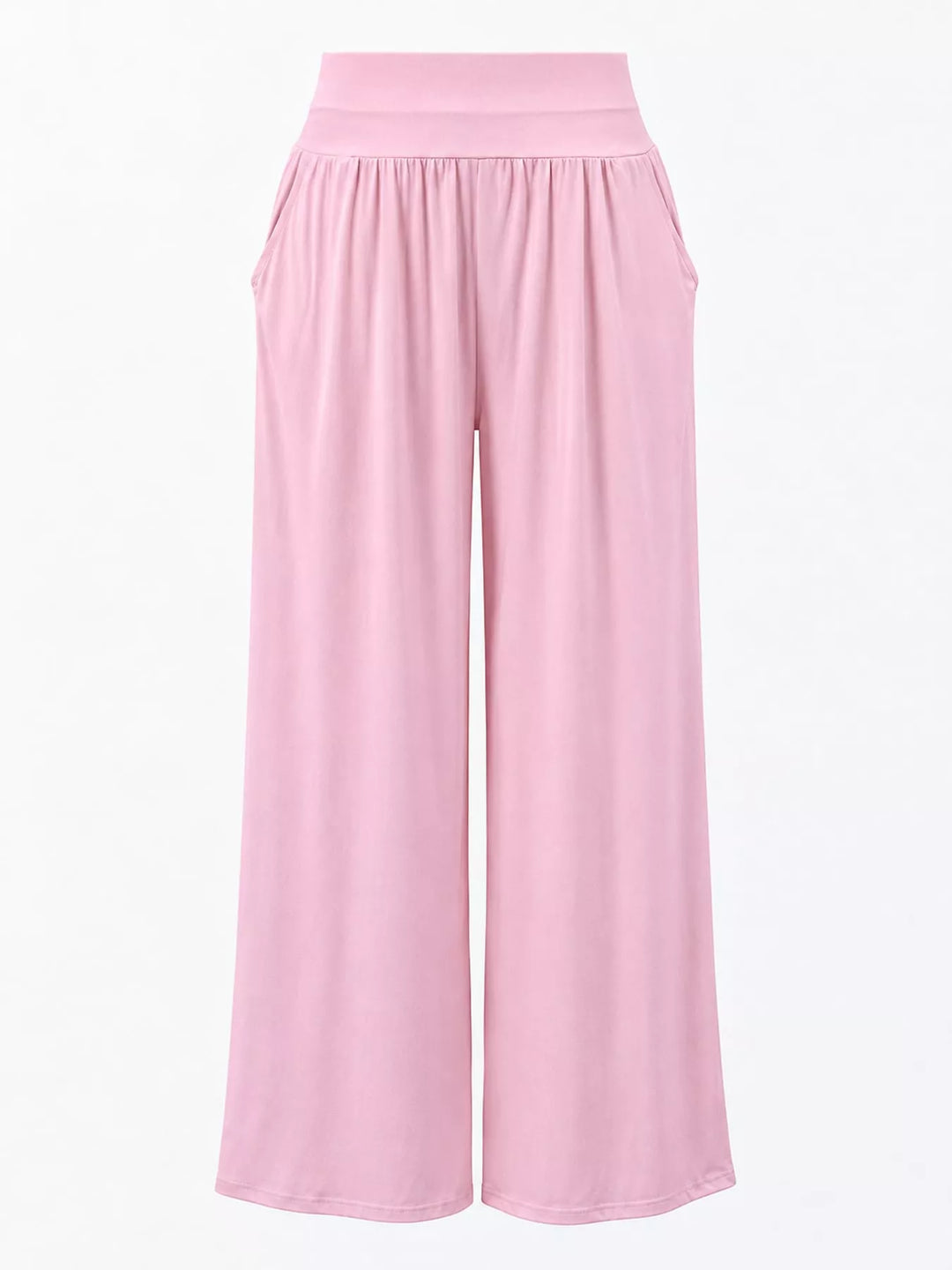 Light pink high waisted wide leg pants, flat front view with smocked waistband
