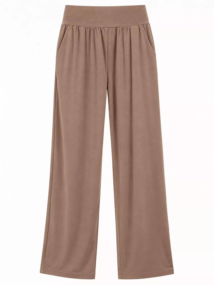 Mocha high waisted wide leg pants, laid flat showing the wide legs