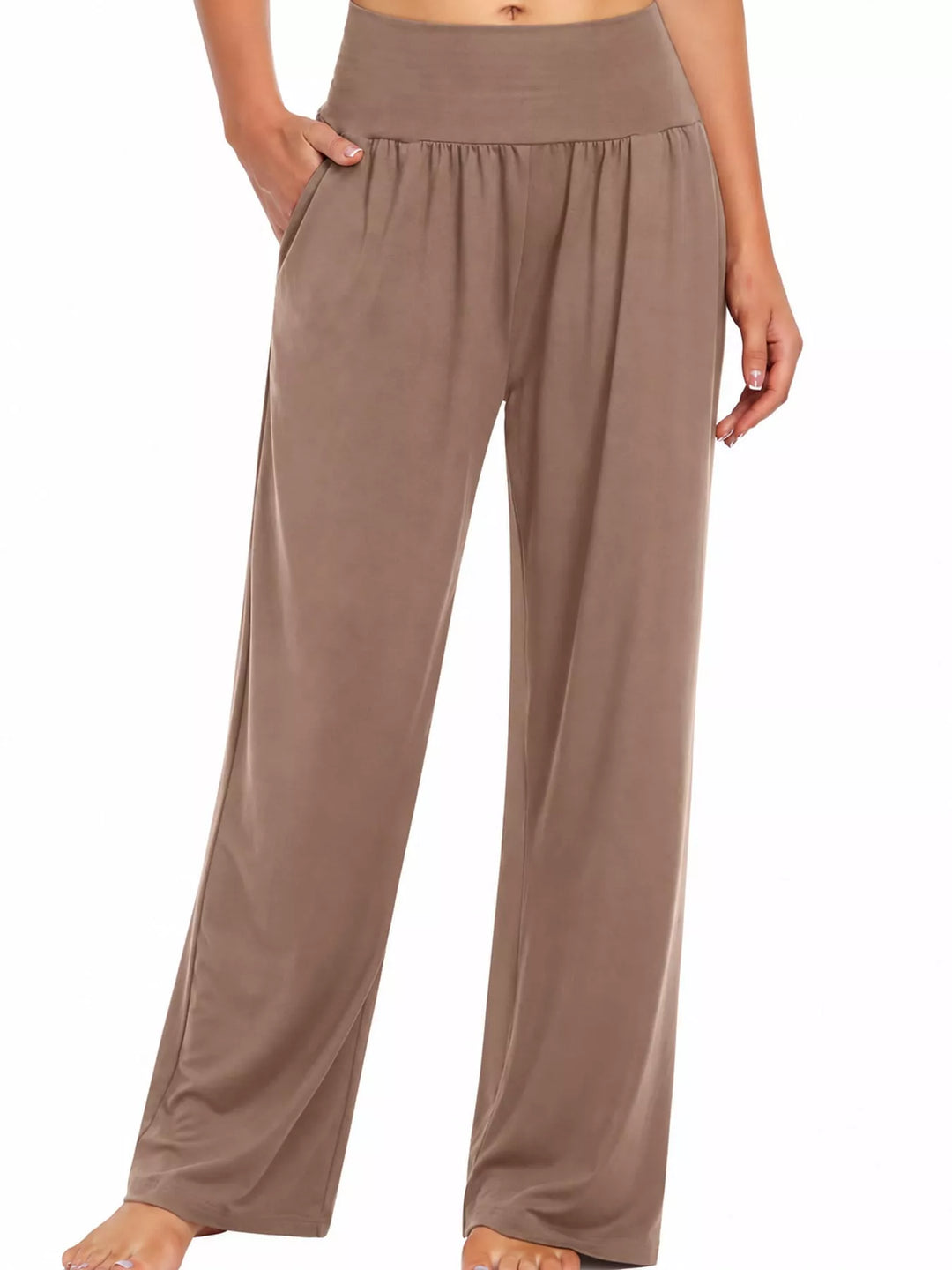 Mocha high waisted wide leg pants, front view with hand in pocket