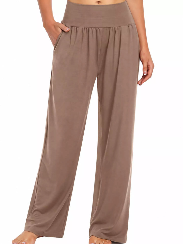 Mocha high waisted wide leg pants, front view with hand in pocket