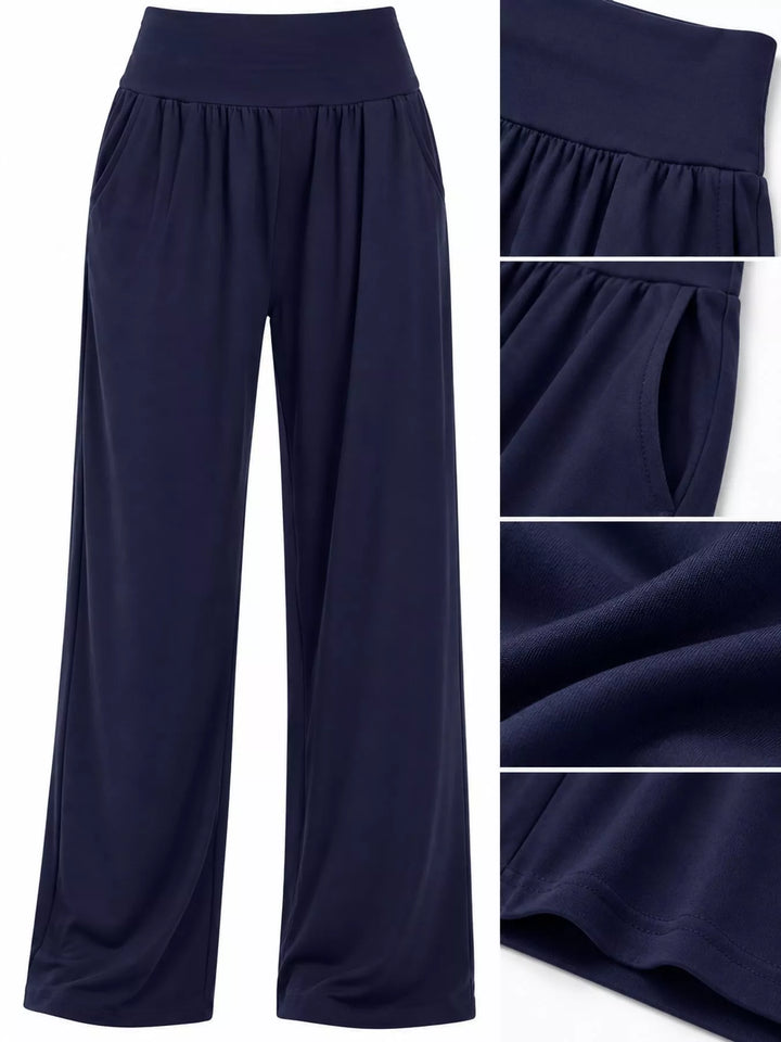 Navy high waisted wide leg pants, full view beside waistband, pocket and fabric detail squares