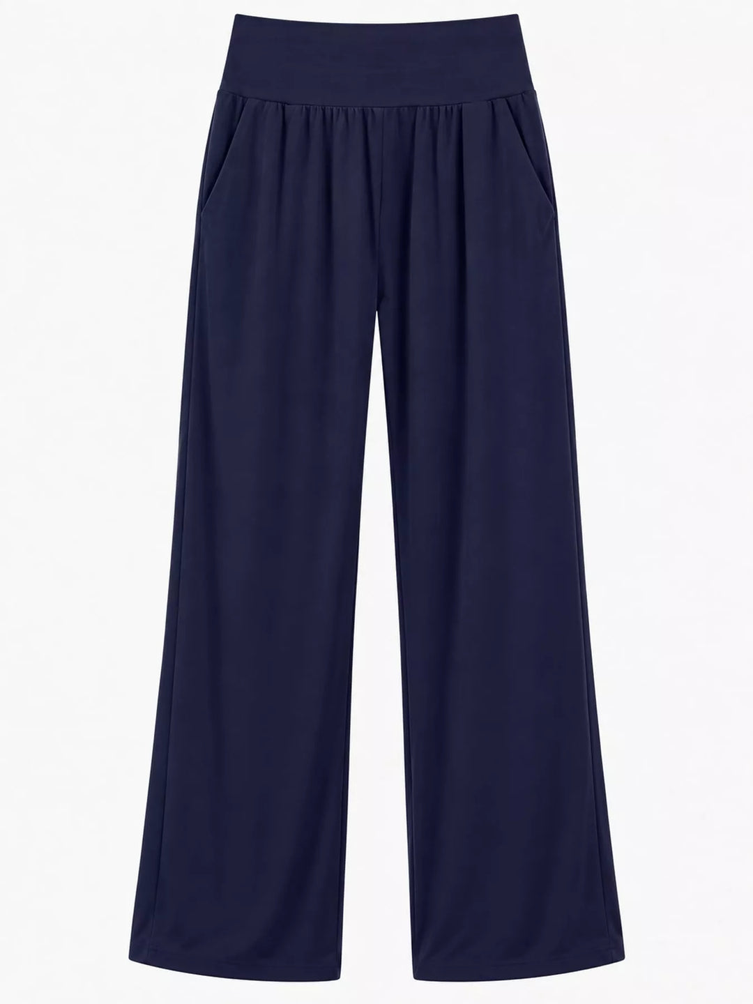 Navy high waisted wide leg pants, laid flat with the smocked waistband