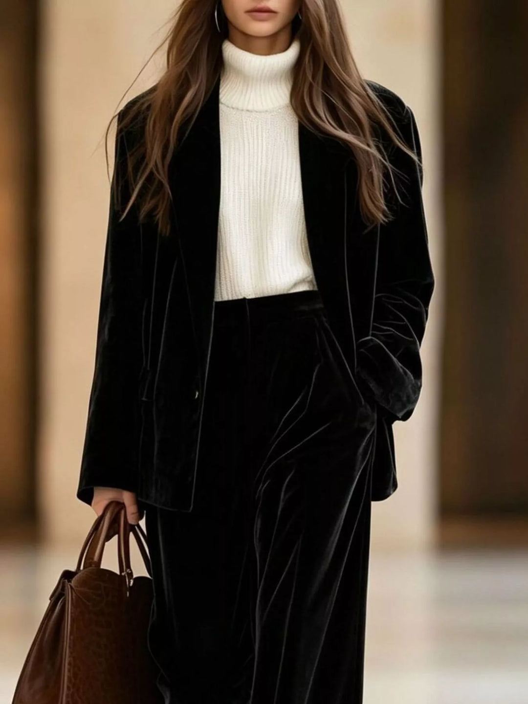 Black blazer set over a cream turtleneck, holding a brown tote bag