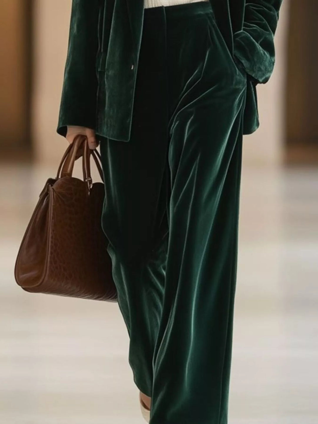 Forest green wide leg pants and blazer, close-up while carrying a brown tote