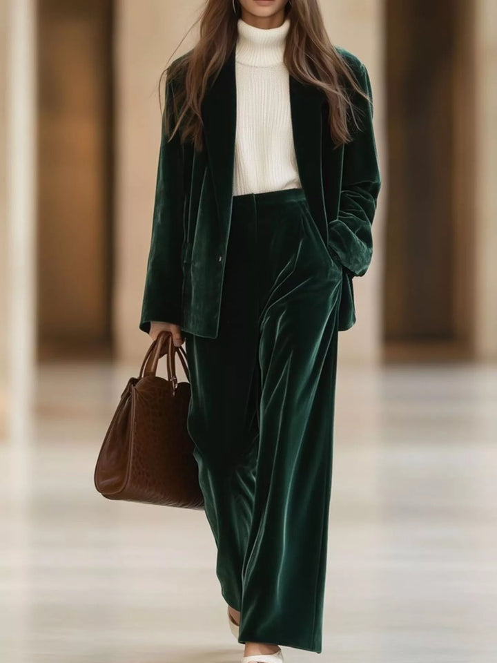 Forest green holiday outfit blazer and pants, full walking view