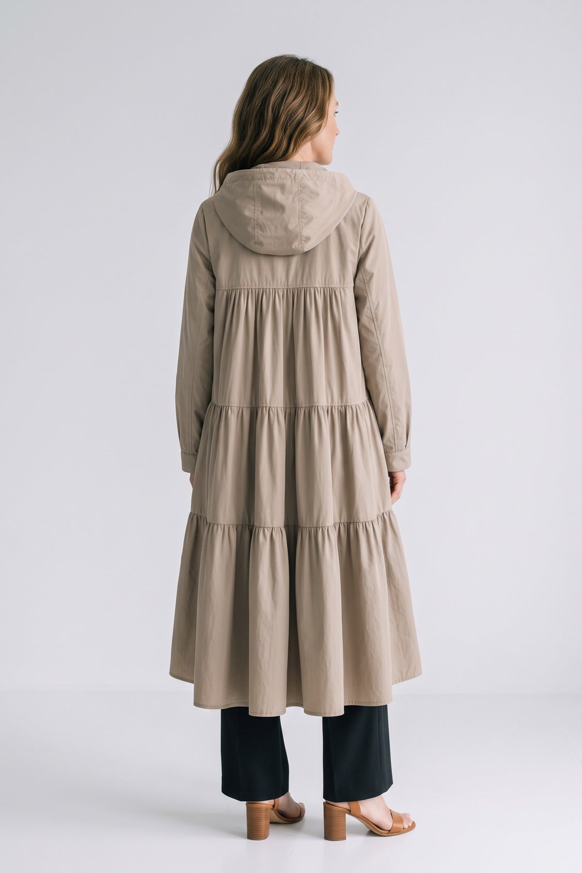 Women's Hooded Long Jacket | Front Zip — Beige — back view — on model