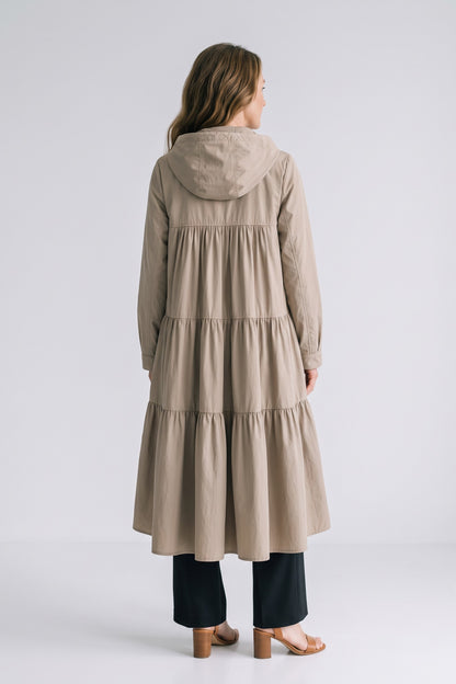 Women's Hooded Long Jacket | Front Zip — Beige — back view — on model
