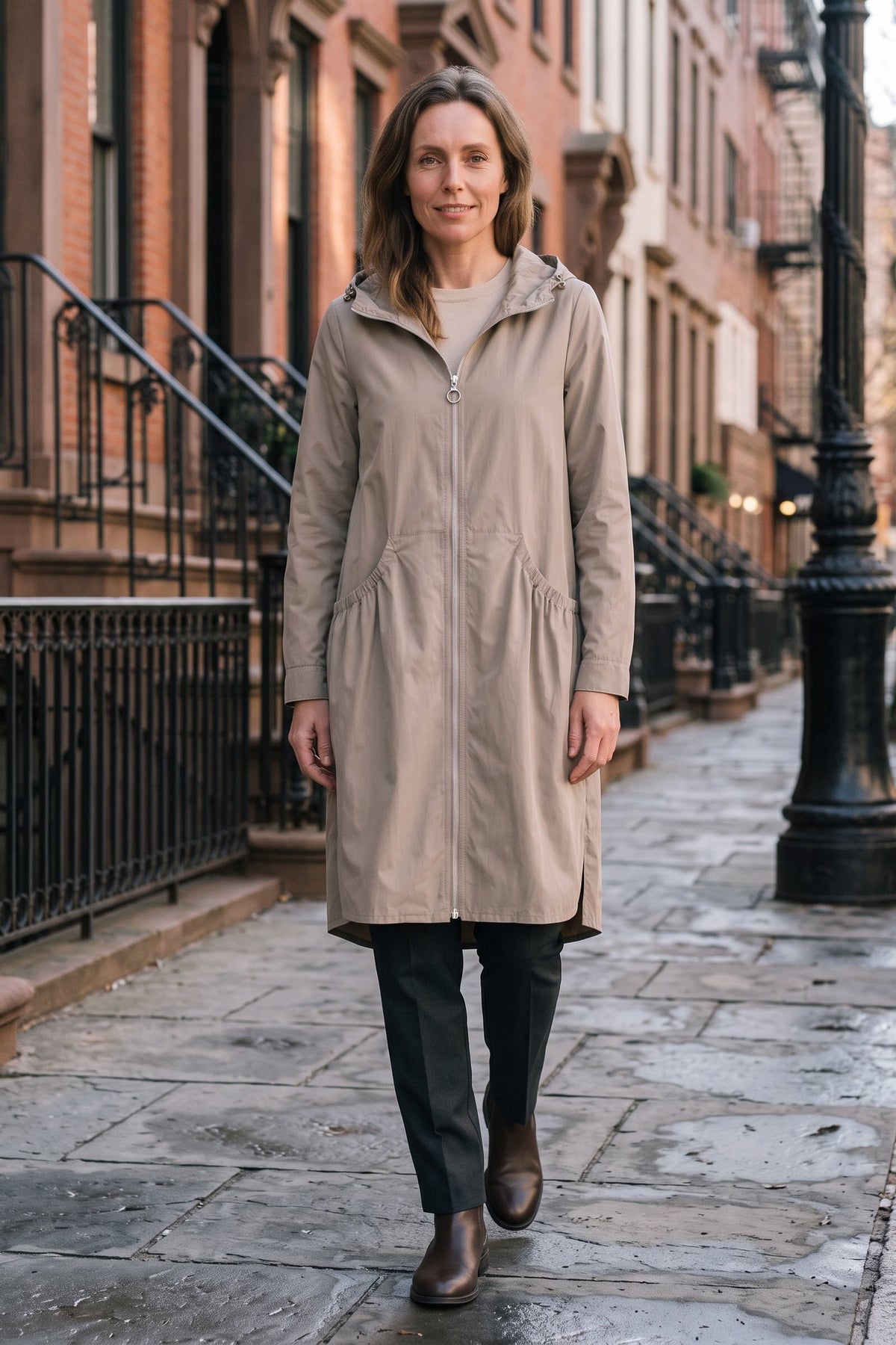 Women's Hooded Long Jacket | Front Zip — Beige — lifestyle — on model