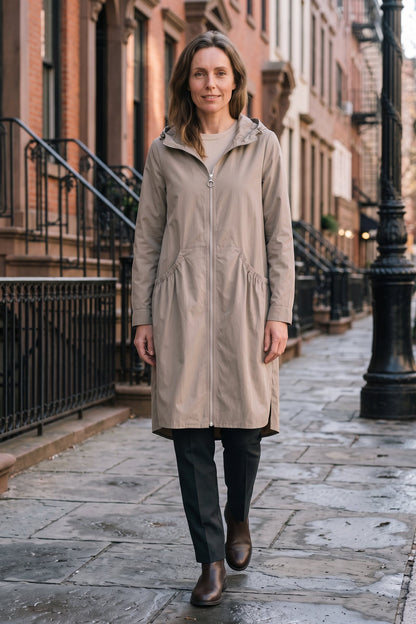 Women's Hooded Long Jacket | Front Zip — Beige — lifestyle — on model