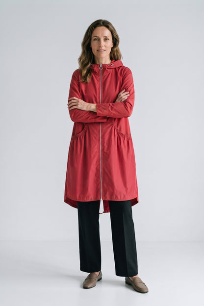 Women's Hooded Long Jacket | Front Zip — Red — front view — on model