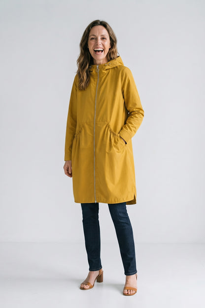 Women's Hooded Long Jacket | Front Zip — Yellow — front view — on model