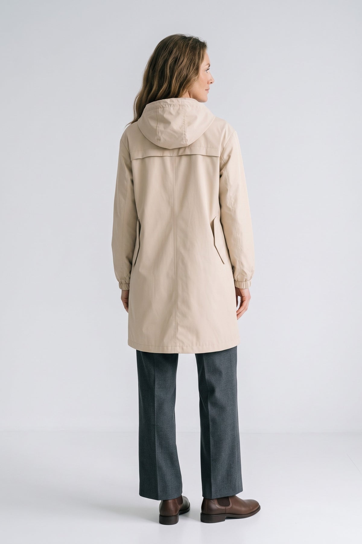 Women's Hooded Parka Coat | Knee-Length — Beige — back view — on model