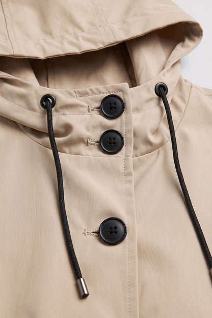 Women's Hooded Parka Coat | Knee-Length — Beige — detail — on model
