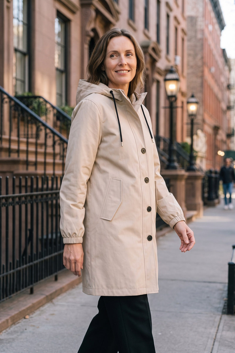 Women's Hooded Parka Coat | Knee-Length — Beige — lifestyle — on model