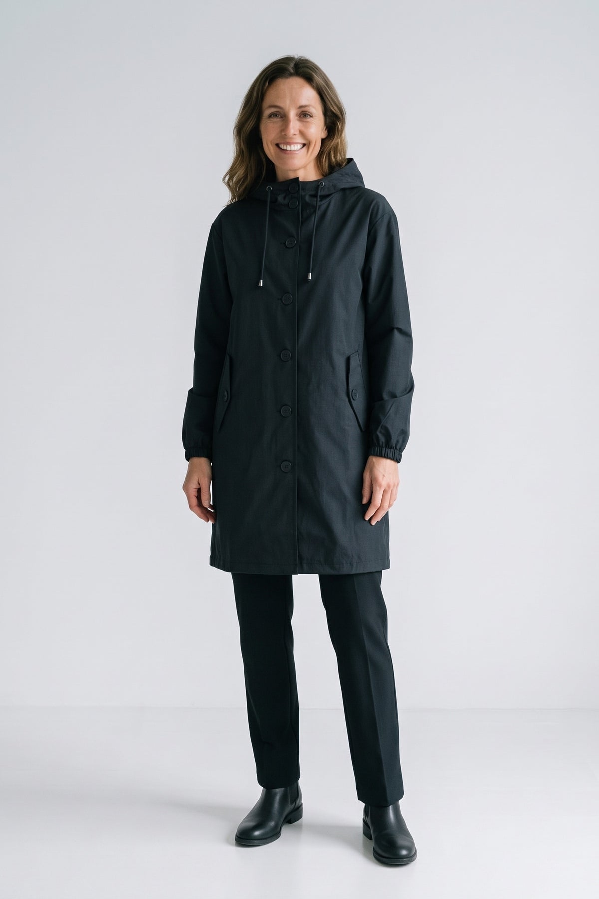 Women's Hooded Parka Coat | Knee-Length — Black — front view — on model