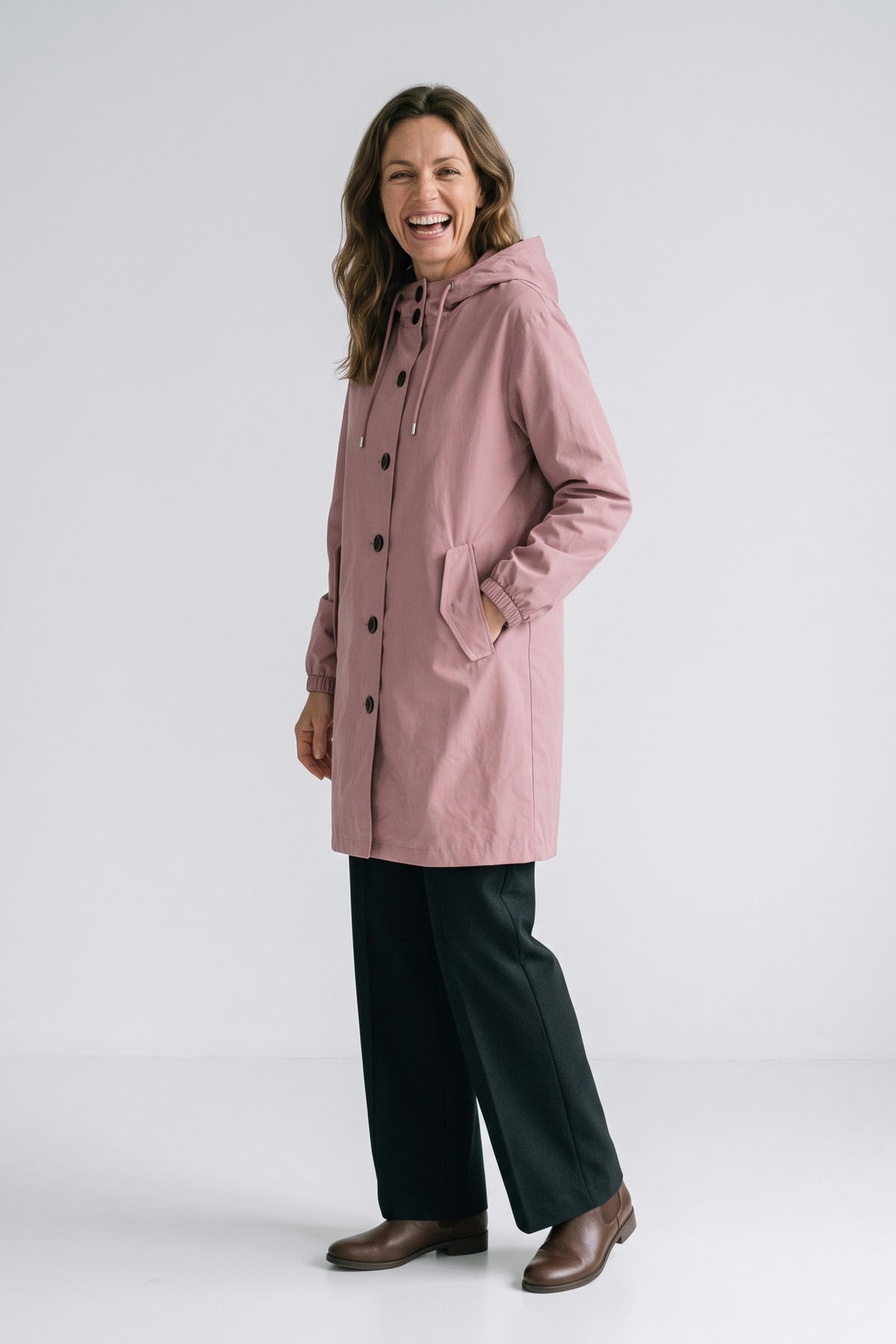 Women's Hooded Parka Coat | Knee-Length — Pink — front view — on model