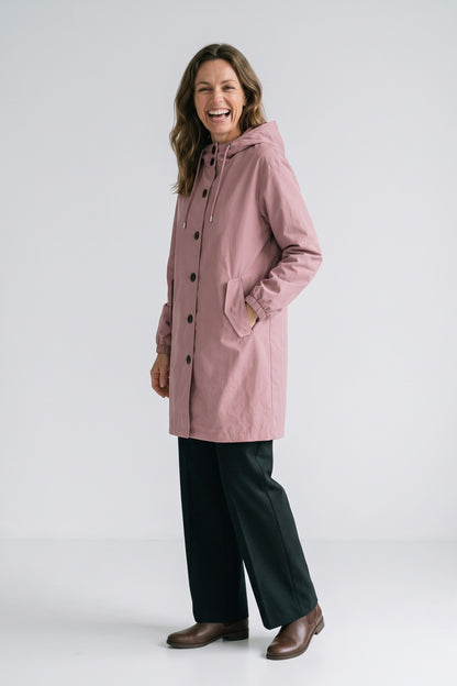 Women's Hooded Parka Coat | Knee-Length — Pink — front view — on model