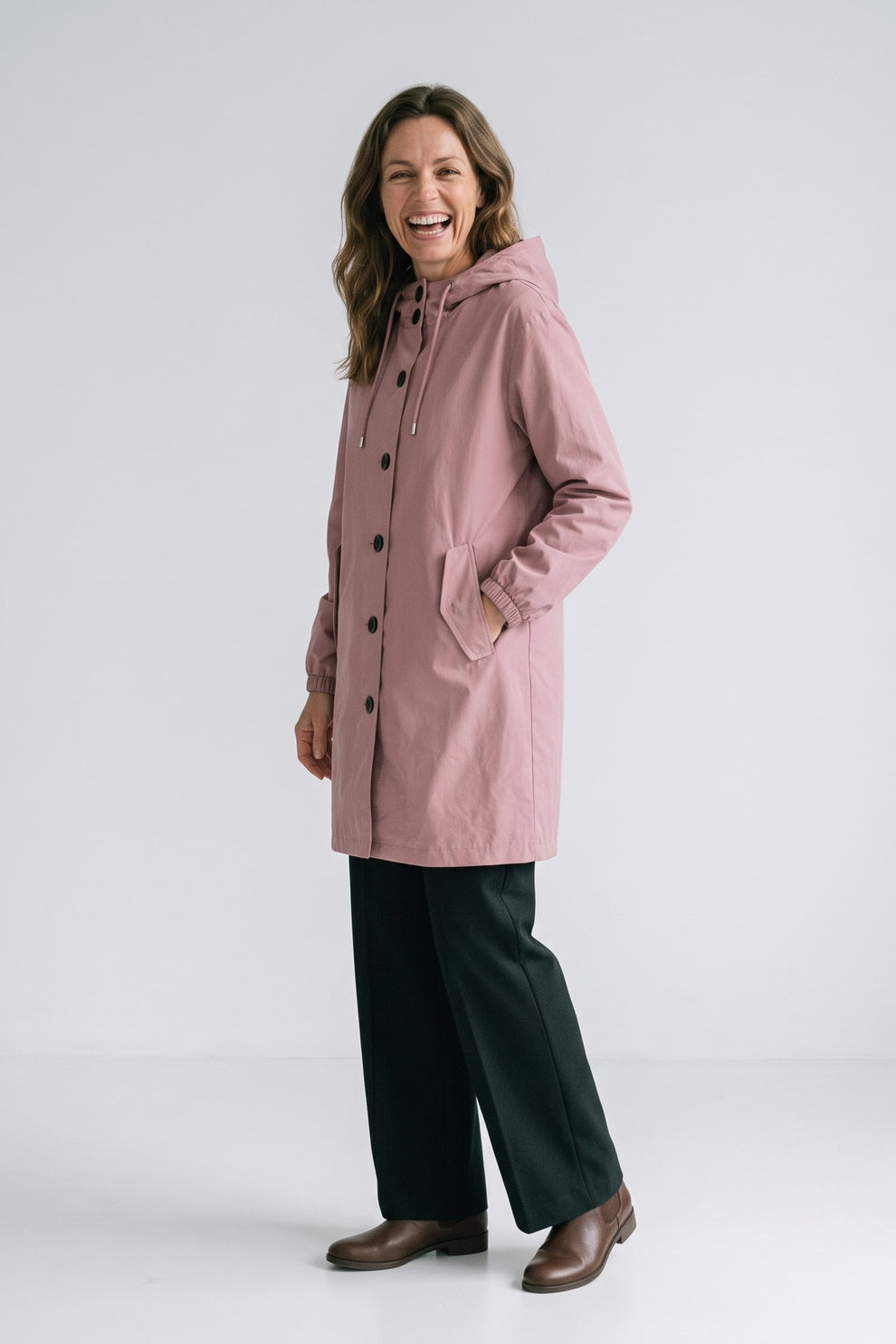 Women's Hooded Parka Coat | Knee-Length — Pink — front view — on model