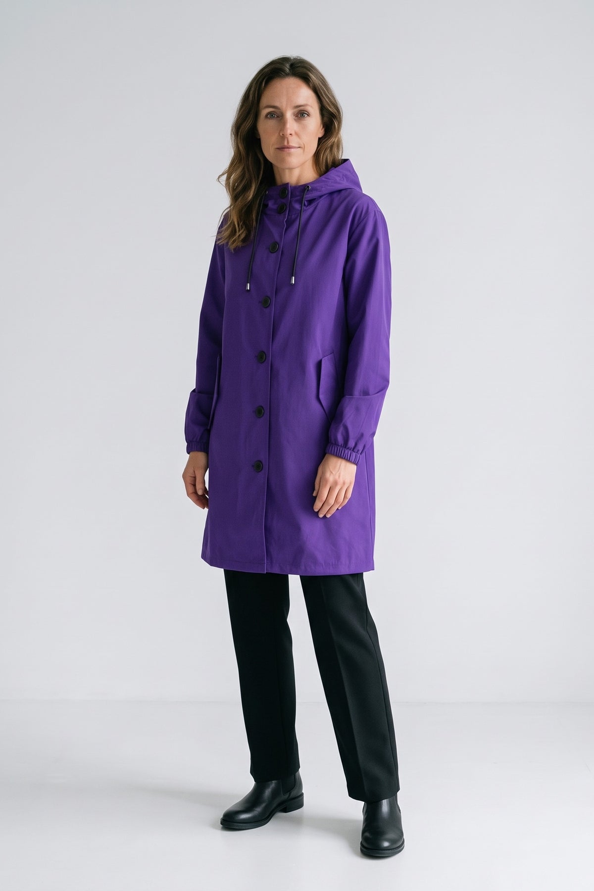 Women's Hooded Parka Coat | Knee-Length — Purple — front view — on model