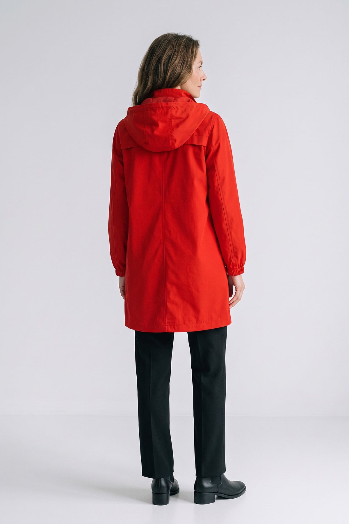Women's Hooded Parka Coat | Knee-Length — Red — back view — on model