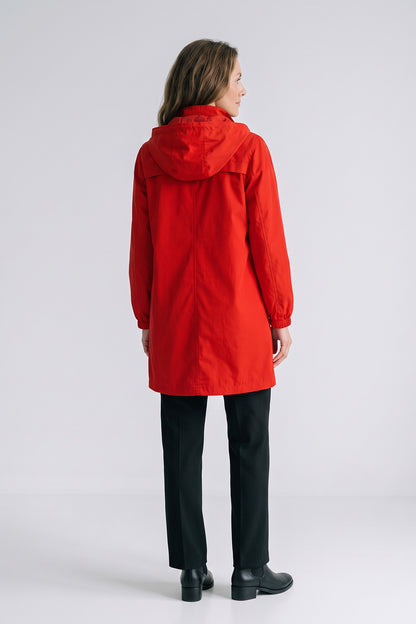 Women's Hooded Parka Coat | Knee-Length — Red — back view — on model