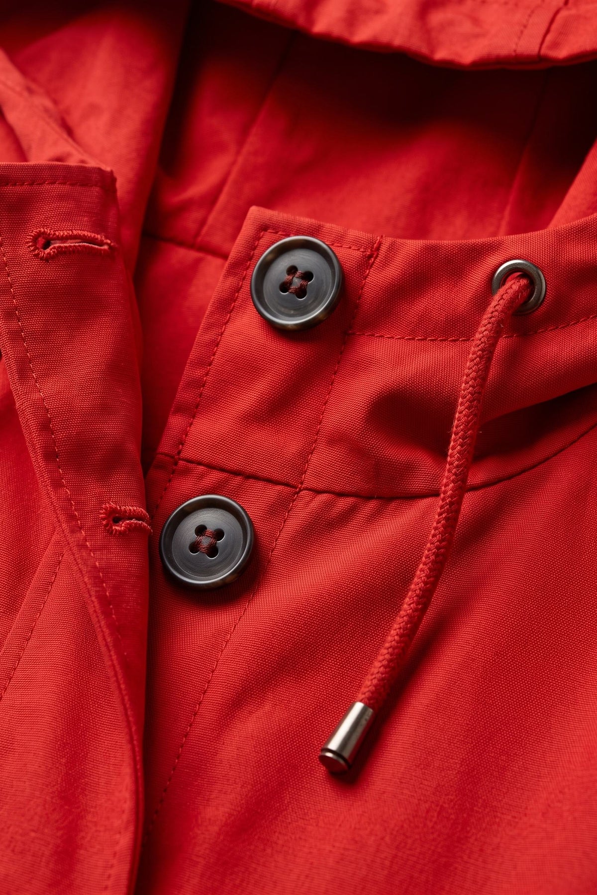 Women's Hooded Parka Coat | Knee-Length — Red — detail — on model