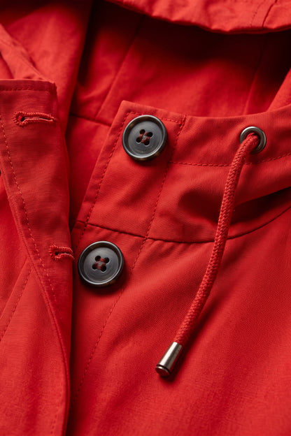 Women's Hooded Parka Coat | Knee-Length — Red — detail — on model