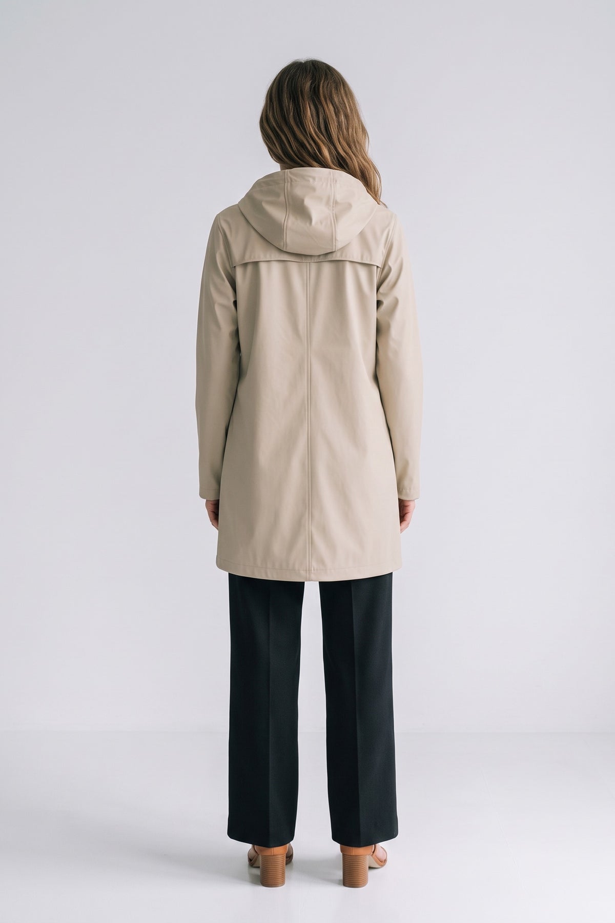 Women's Hooded Raincoat | Button Front — Beige — back view — on model