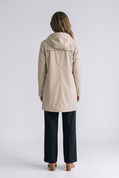 Women's Hooded Raincoat | Button Front — Beige — back view — on model
