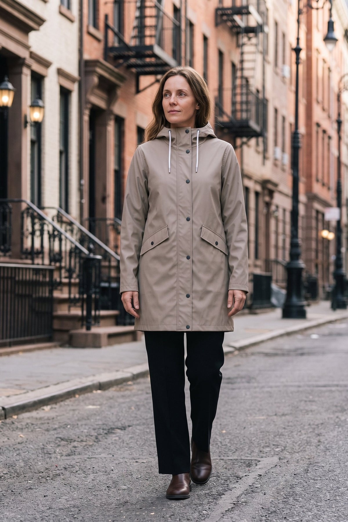 Women's Hooded Raincoat | Button Front — Beige — lifestyle — on model