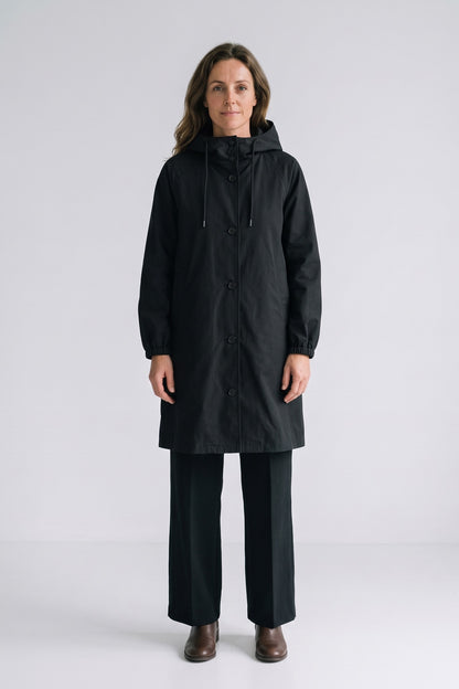 Women's Hooded Raincoat | Button-Front — Black — front view — on model