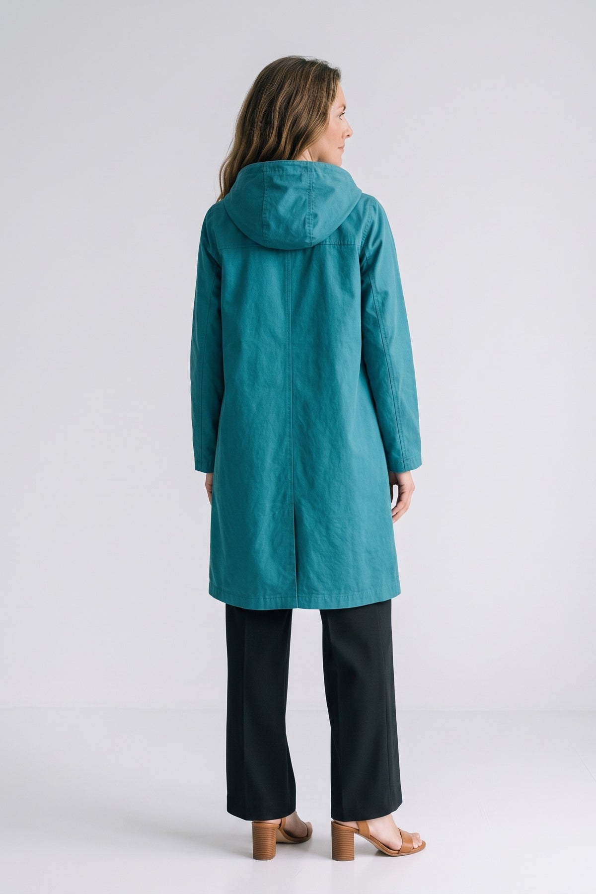 Women's Hooded Raincoat | Button-Front — Blue — back view — on model