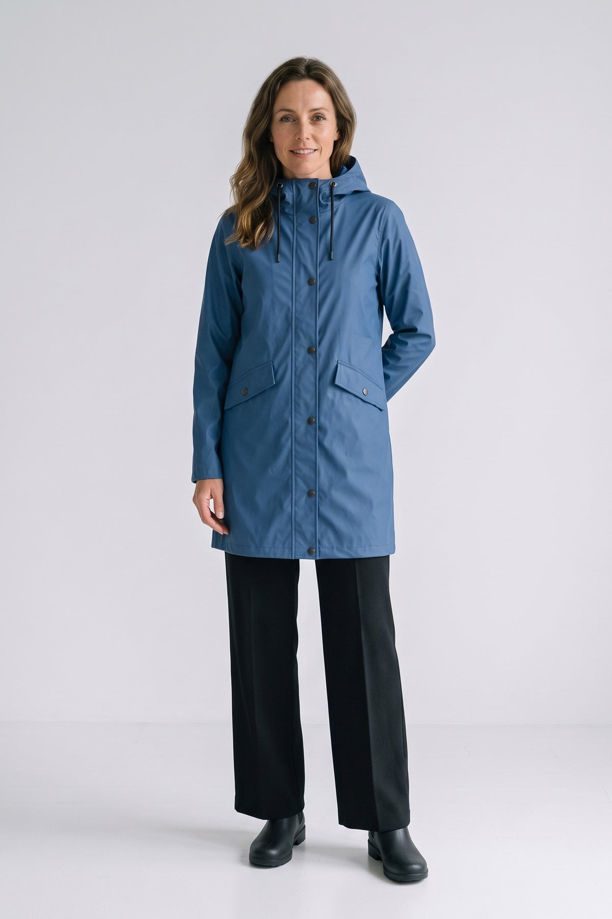 Women's Hooded Raincoat | Button Front — Blue — front view — on model