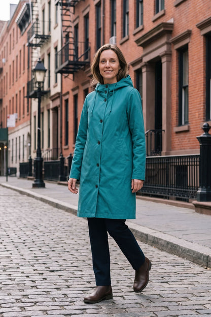 Women's Hooded Raincoat | Button-Front — Blue — lifestyle — on model