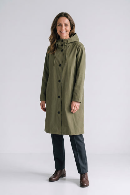 Women's Hooded Raincoat | Button-Front — Green — front view — on model
