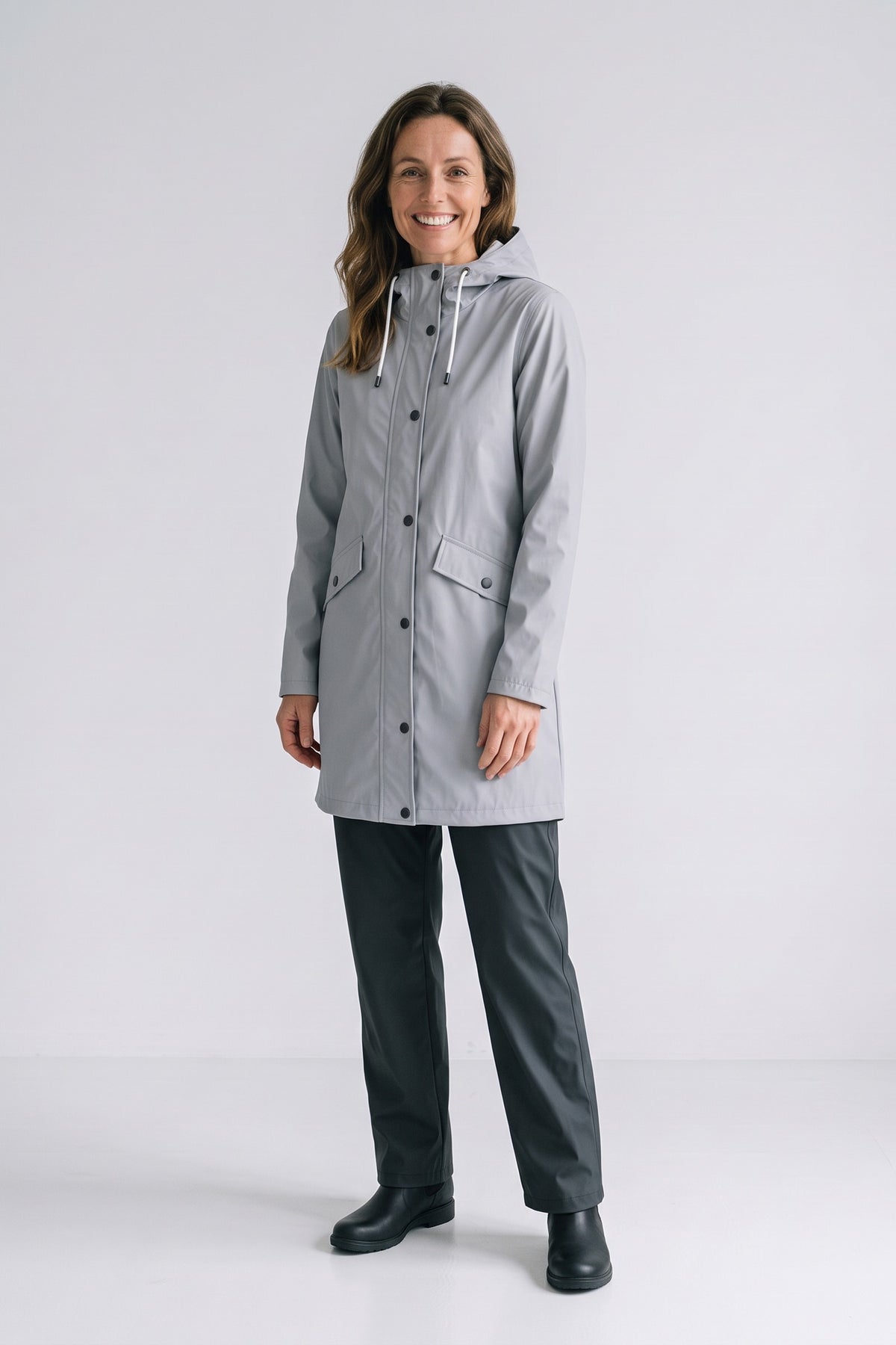 Women's Hooded Raincoat | Button Front — Grey — front view — on model