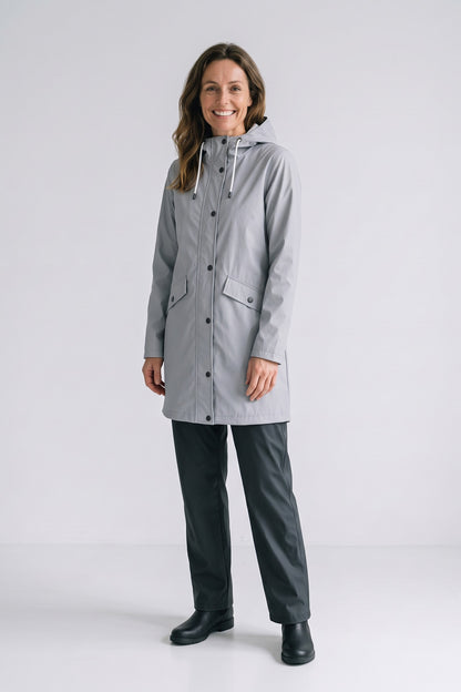 Women's Hooded Raincoat | Button Front — Grey — front view — on model