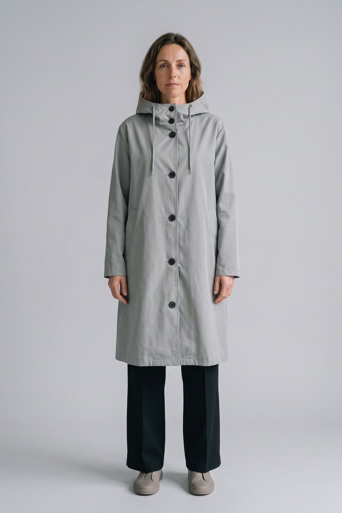 Women's Hooded Raincoat | Button-Front — Grey — front view — on model